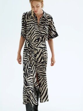 H&M Tan Zebra-Print Button-Front Shirt Dress - Large